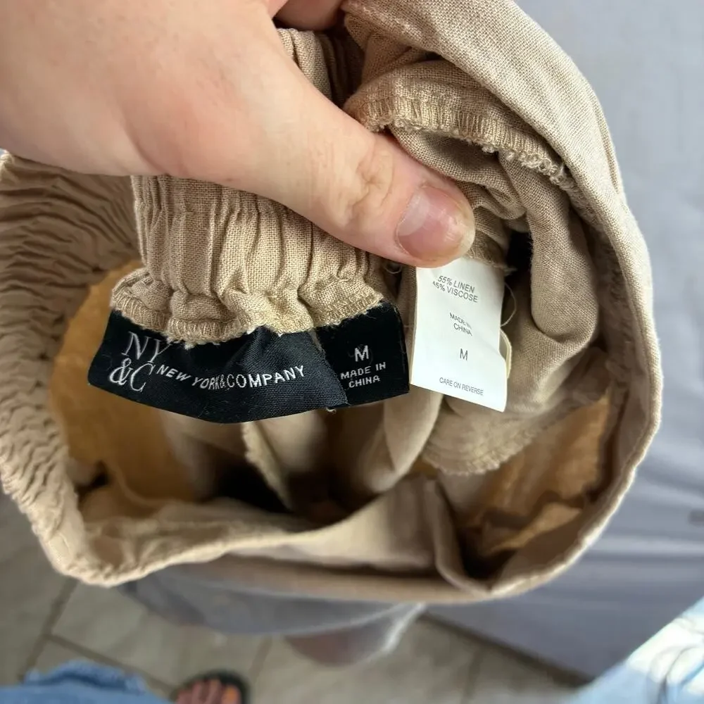 New York & Company Wide Leg Crop Pants Women's Medium Beige Linen Minimalist
